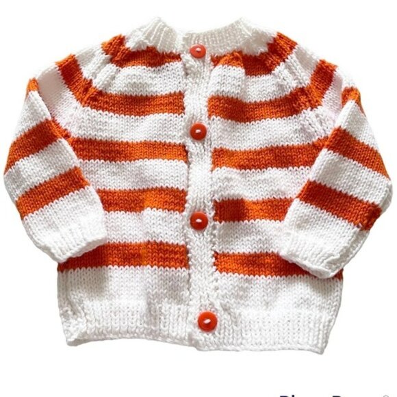 Handmade Orange and White Stripes Knit Cardigan 6-7 Girl - Picture 1 of 5